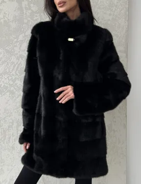 Норковая шуба средней длины стойка воротник - цвет черный