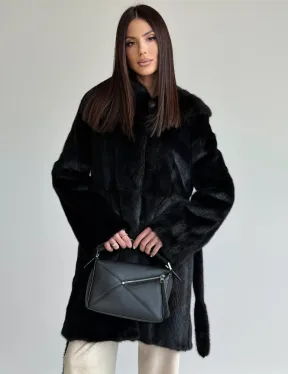 Норковая шуба с капюшоном и меховым поясом в цвете Black