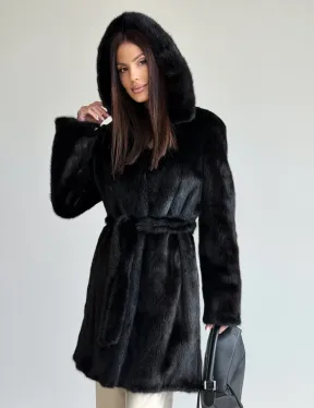 Норковая шуба с капюшоном и меховым поясом в цвете Black