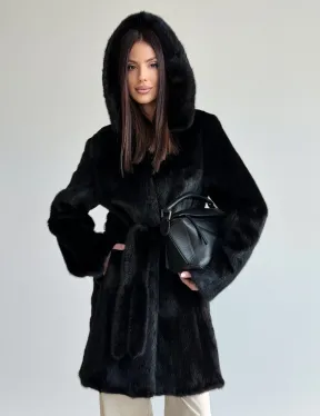 Норковая шуба с капюшоном и меховым поясом в цвете Black
