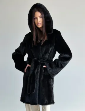 Норковая шуба с капюшоном и меховым поясом в цвете Black