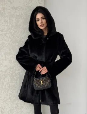 Норковая шуба с капюшоном и меховым поясом в цвете Black