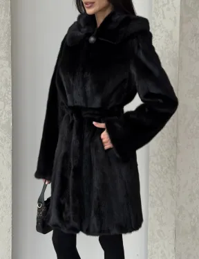 Норковая шуба с капюшоном и меховым поясом в цвете Black