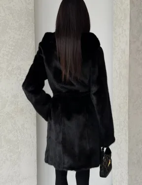 Норковая шуба с капюшоном и меховым поясом в цвете Black