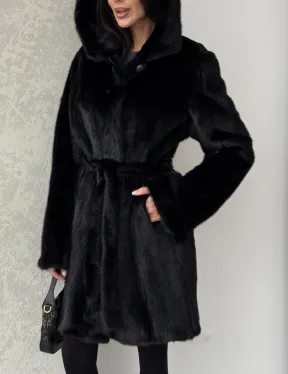 Норковая шуба с капюшоном и меховым поясом в цвете Black