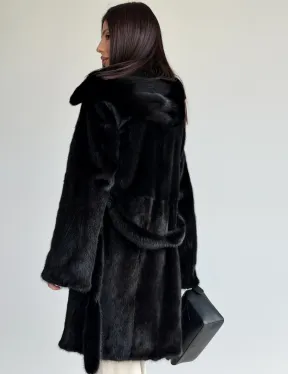 Норковая шуба с капюшоном и меховым поясом в цвете Black