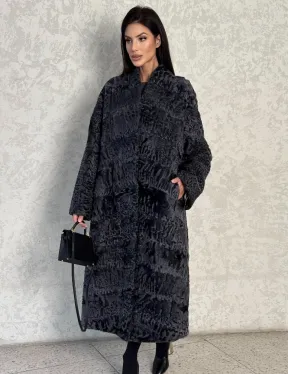 Длинная шуба из каракуля в цвете графит