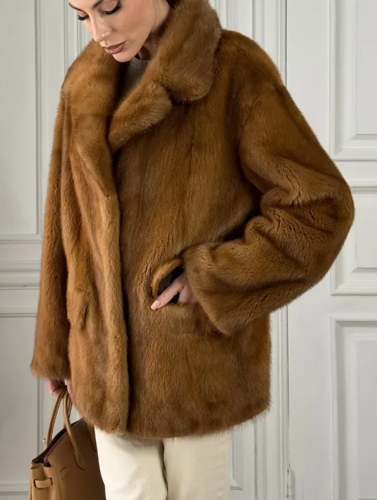 Полушубок норковый Vintage Dark Gold с английским воротником