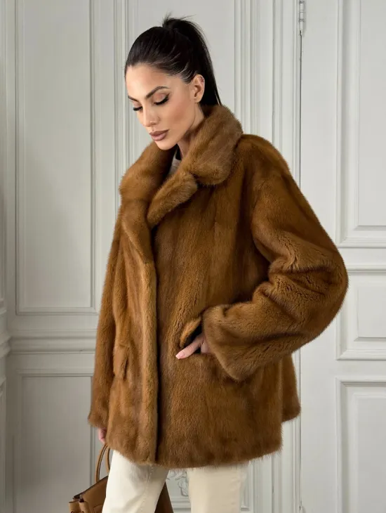 Полушубок норковый Vintage Dark Gold с английским воротником