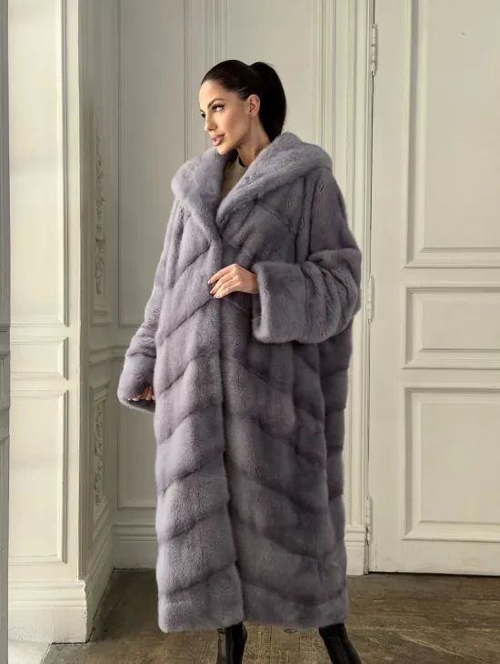 Длинная голубая норковая шуба с капюшоном PLUS SIZE