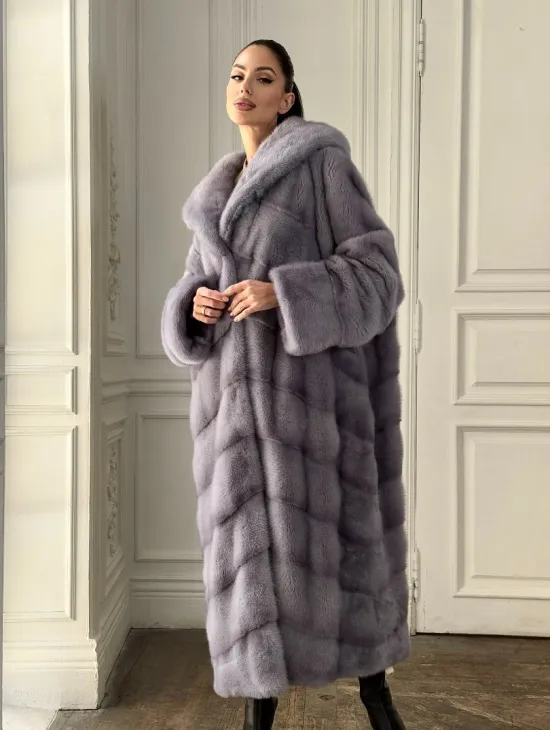 Длинная голубая норковая шуба с капюшоном PLUS SIZE