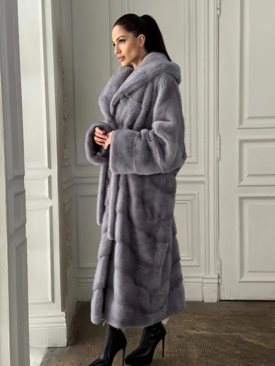 Длинная голубая норковая шуба с капюшоном PLUS SIZE