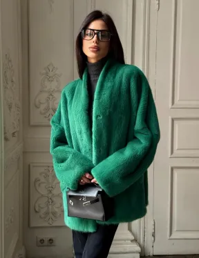 Изумрудный норковый полушубок с V-образным воротником