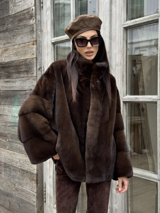 Норковый полушубок из меха аукционной норки, стойка воротник