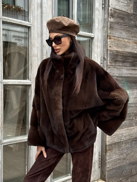 Норковый полушубок из меха аукционной норки, стойка воротник