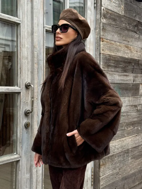 Норковый полушубок из меха аукционной норки, стойка воротник