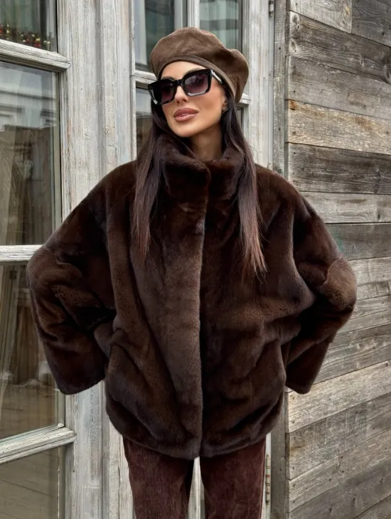 Норковый полушубок из меха аукционной норки, стойка воротник