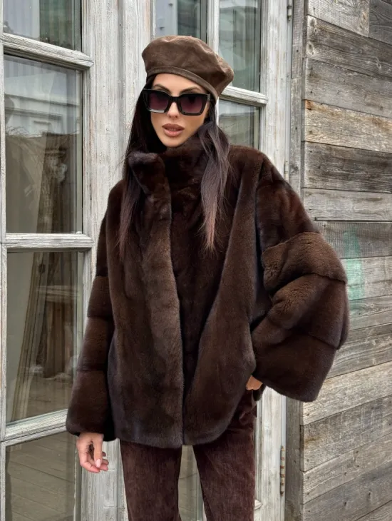 Норковый полушубок из меха аукционной норки, стойка воротник