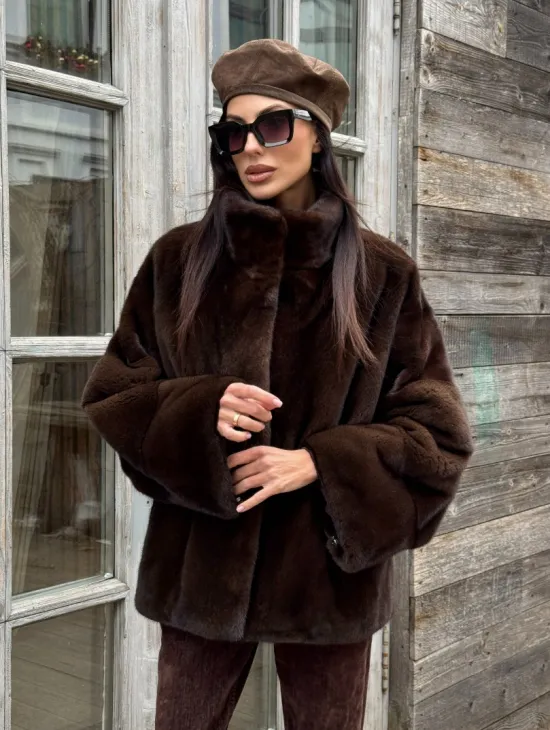 Норковый полушубок из меха аукционной норки, стойка воротник