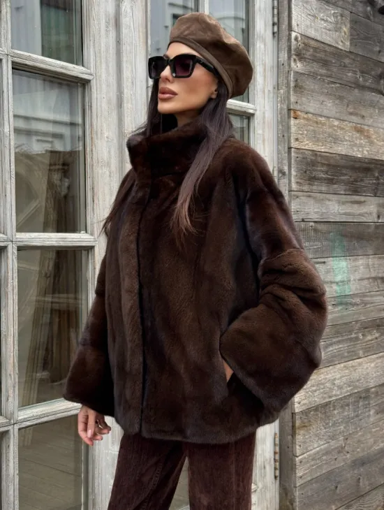 Норковый полушубок из меха аукционной норки, стойка воротник