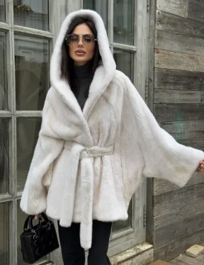 Шуба норковая летучая мышь с капюшоном, мех аукционная норка Palomino