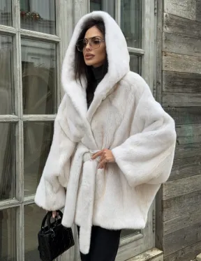 Шуба норковая летучая мышь с капюшоном, мех аукционная норка Palomino