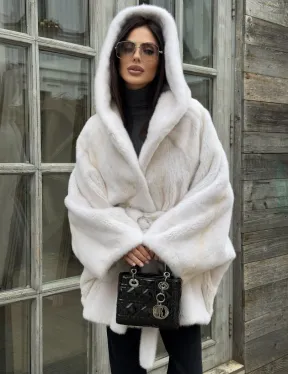 Шуба норковая летучая мышь с капюшоном, мех аукционная норка Palomino