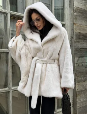 Шуба норковая летучая мышь с капюшоном, мех аукционная норка Palomino