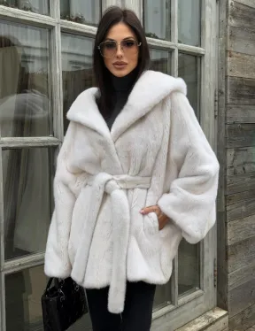 Шуба норковая летучая мышь с капюшоном, мех аукционная норка Palomino