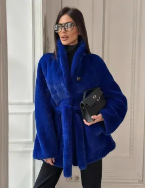 Полушубок из меха премиальной плюшевой норки Electric Blue