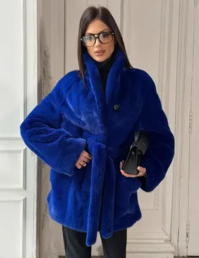Полушубок из меха премиальной плюшевой норки Electric Blue