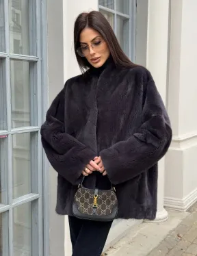 Графитовый норковый жакет с V-образным воротником