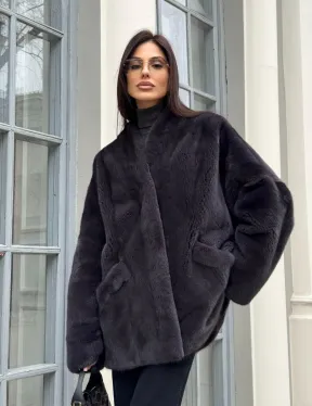 Графитовый норковый жакет с V-образным воротником