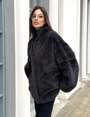 Графитовый норковый жакет с V-образным воротником