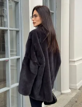 Графитовый норковый жакет с V-образным воротником