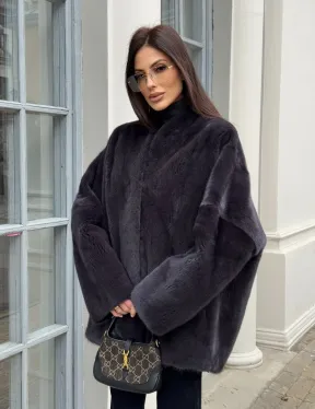 Графитовый норковый жакет с V-образным воротником