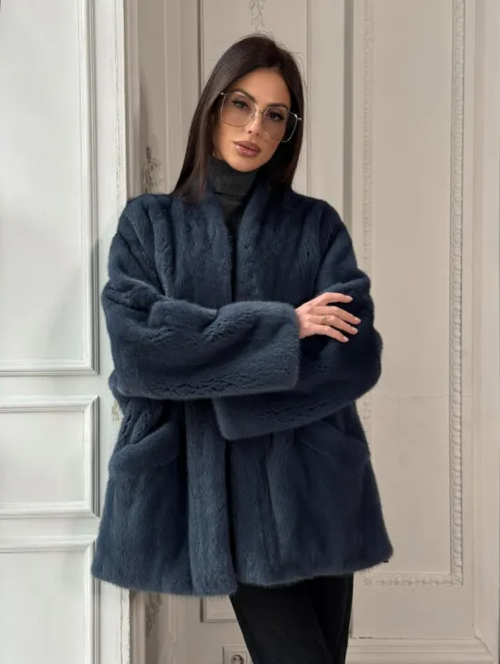 Женский меховой жакет из скандинавской норки с V-образным воротником