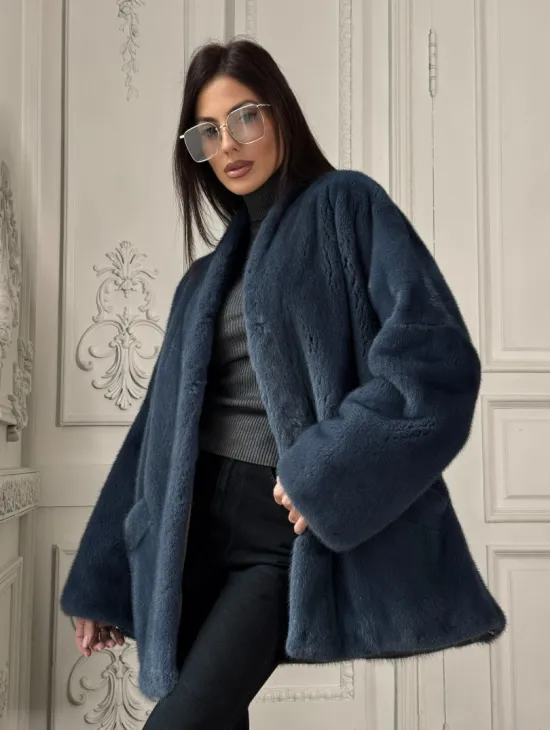 Женский меховой жакет из скандинавской норки с V-образным воротником