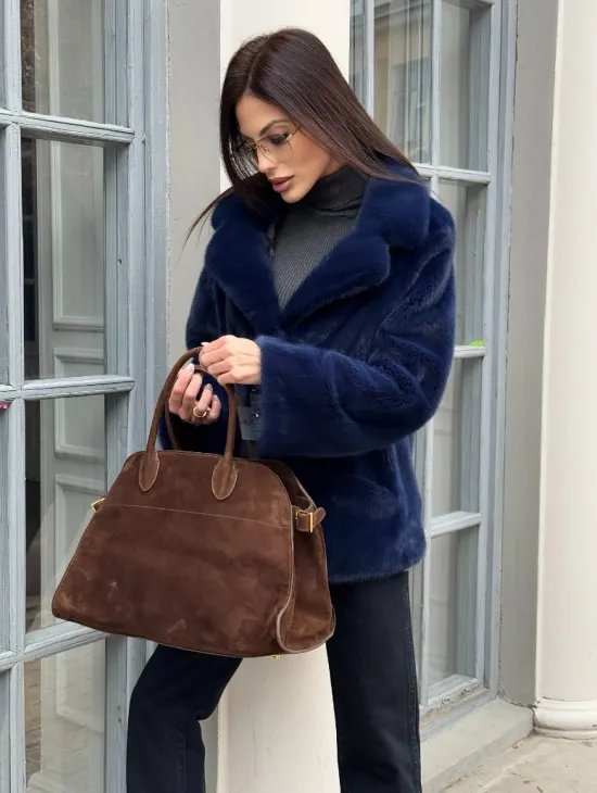 Синий норковый полушубок с английским воротником