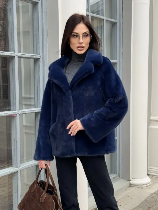 Синий норковый полушубок с английским воротником