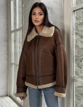 Женская короткая дубленка Brown vintage из натуральной овчины кёрли