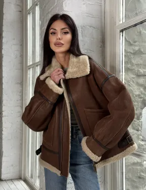 Женская короткая дубленка Brown vintage из натуральной овчины кёрли