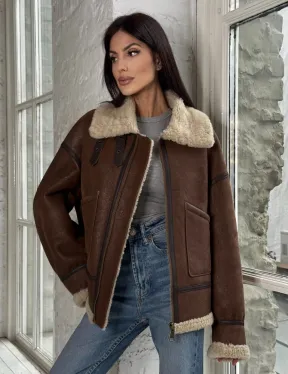 Женская короткая дубленка Brown vintage из натуральной овчины кёрли