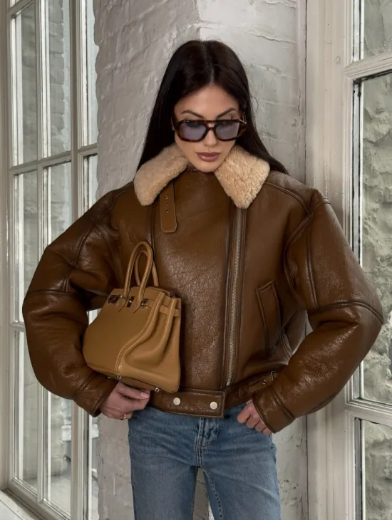 Дубленка женская «Oversize style» со спущенным плечом - цвет виски