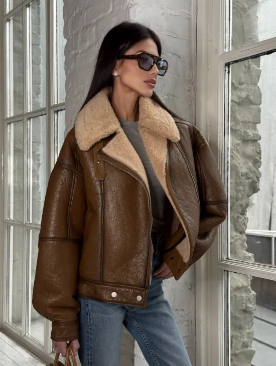 Дубленка женская «Oversize style» со спущенным плечом - цвет виски