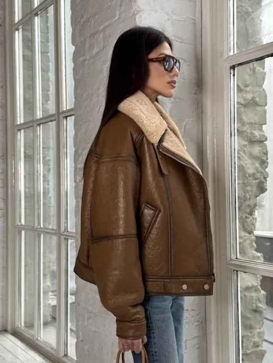 Дубленка женская «Oversize style» со спущенным плечом - цвет виски