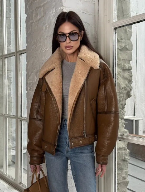 Дубленка женская «Oversize style» со спущенным плечом - цвет виски