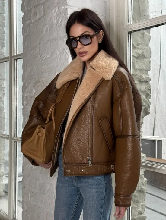 Дубленка женская «Oversize style» со спущенным плечом - цвет виски