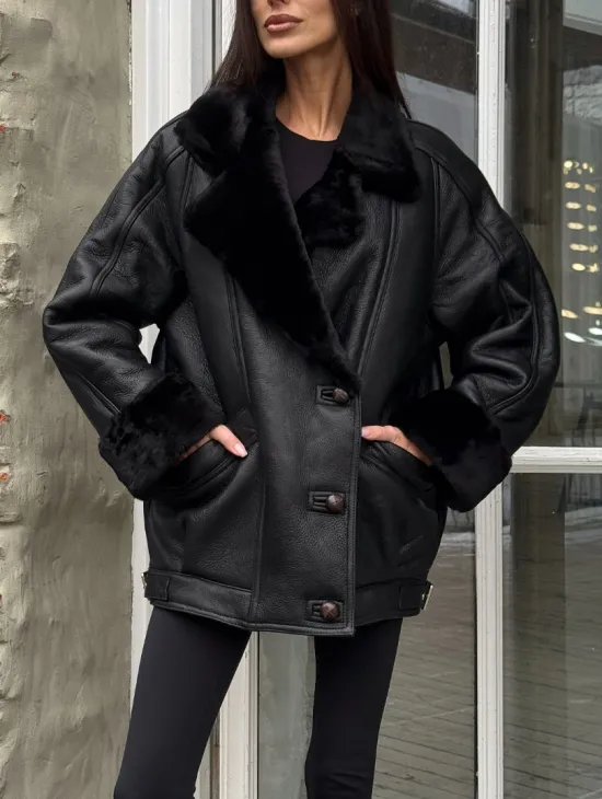 Винтажная куртка - дубленка «Total Black» с английским воротником на пуговицах