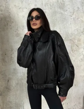 Черная бомбер-курточка «Оверсайз» из кожи Джумбо с двойным воротником и карманами